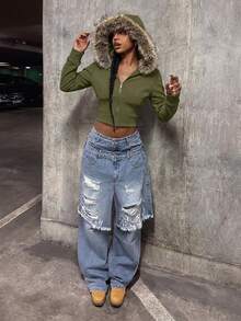 StreetHx Streetwear Women's Autumn Hooded Fur Collar Fitted Long Sleeve Jacket - Army Green - View 8