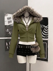 StreetHx Streetwear Women's Autumn Hooded Fur Collar Fitted Long Sleeve Jacket - Army Green - View 4