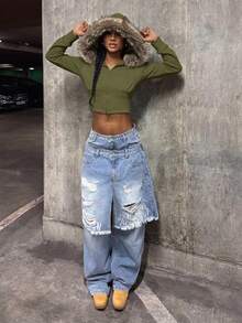 StreetHx Streetwear Women's Autumn Hooded Fur Collar Fitted Long Sleeve Jacket - Army Green - View 5