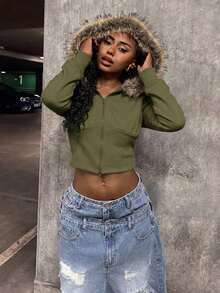 StreetHx Streetwear Women's Autumn Hooded Fur Collar Fitted Long Sleeve Jacket - Army Green - View 6