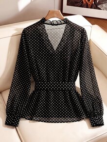 SHEIN Clasi V-Neck Ruffle Romantic Long Sleeve Polka Dot Print Blouse - Black and White - View 2