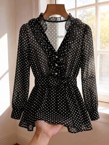 SHEIN Clasi V-Neck Ruffle Romantic Long Sleeve Polka Dot Print Blouse - Black and White - View 1