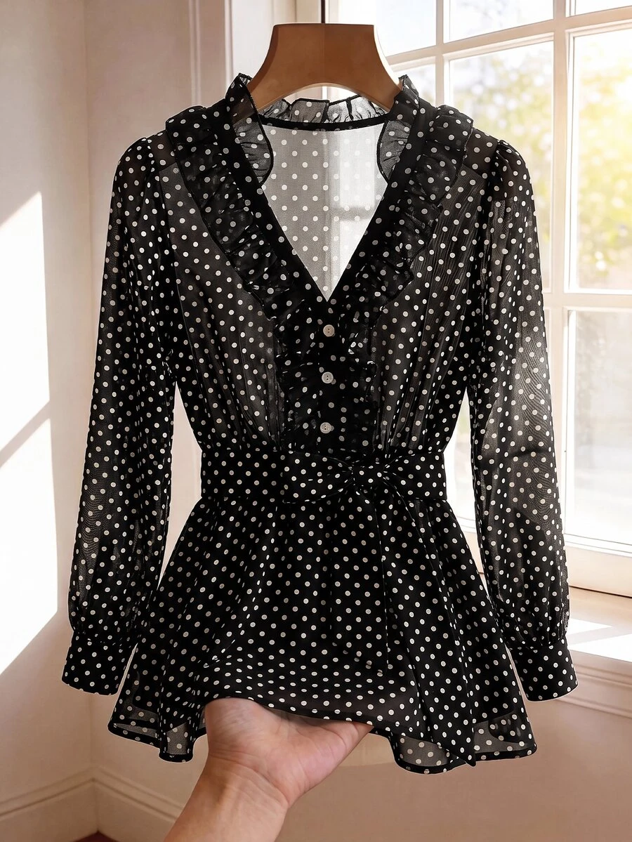 SHEIN Clasi V-Neck Ruffle Romantic Long Sleeve Polka Dot Print Blouse - Black and White - View 1