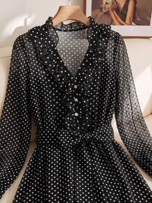 SHEIN Clasi V-Neck Ruffle Romantic Long Sleeve Polka Dot Print Blouse - Black and White - View 5