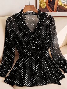 SHEIN Clasi V-Neck Ruffle Romantic Long Sleeve Polka Dot Print Blouse - Black and White - View 3