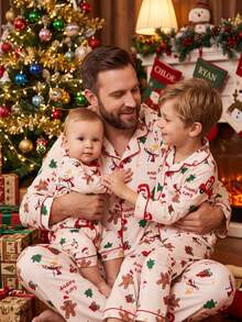SHEIN Autumn/Winter Baby Boy Home Wear Long Sleeve Button-Up Top And Pants Set, Cute All-Over Christmas Pattern, Holiday Family Matching Outfit - Multicolor - View 7