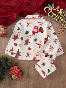 SHEIN Autumn/Winter Baby Boy Home Wear Long Sleeve Button-Up Top And Pants Set, Cute All-Over Christmas Pattern, Holiday Family Matching Outfit - Multicolor - View 2