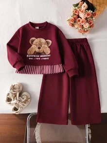 SHEIN 女童韓系活力寬鬆灰色花卉衛衣 2合1蝴蝶結圖案 2件套 秋季 - 酒紅色 - 查看 4