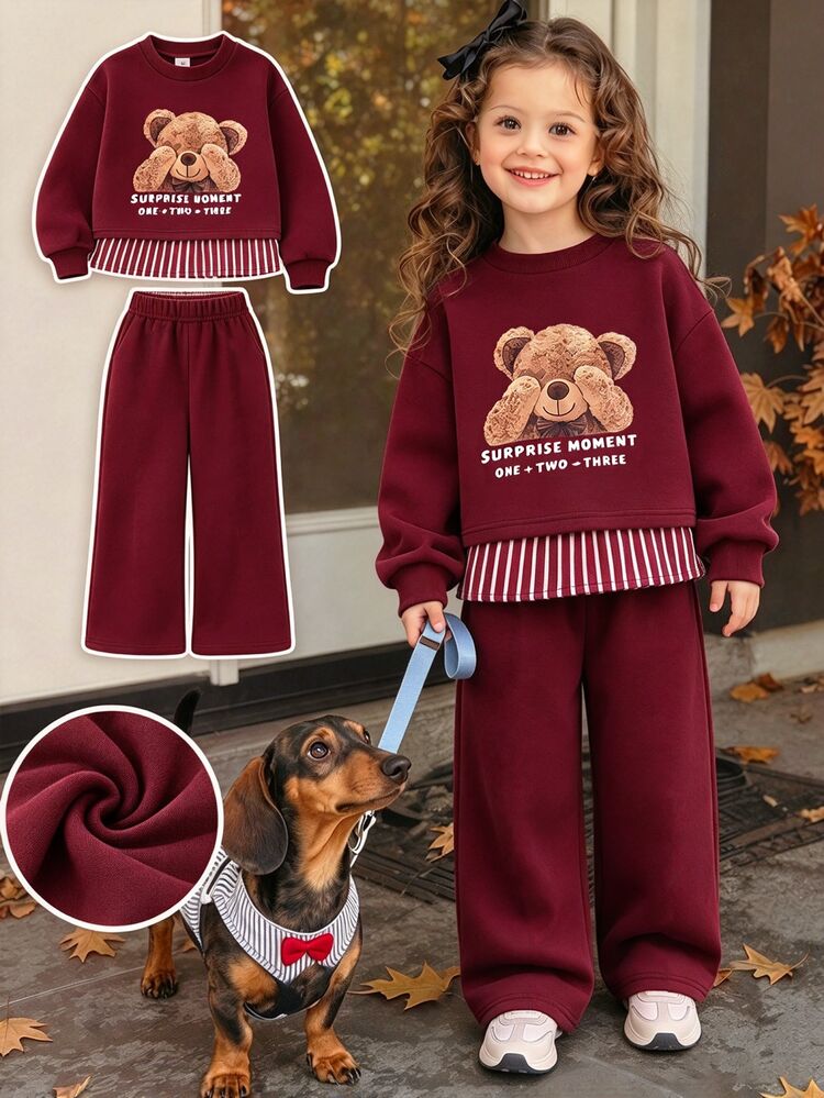 SHEIN Girls Korean Style Energetic Loose Fit Gray Floral Sweatshirt 2 In 1 Bow Pattern 2 Pieces Set Fall - Burgundy - View 3