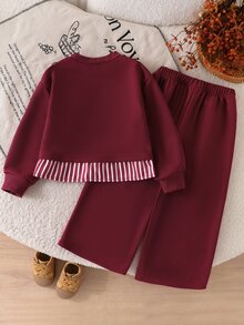 SHEIN 女童韓系活力寬鬆灰色花卉衛衣 2合1蝴蝶結圖案 2件套 秋季 - 酒紅色 - 查看 2