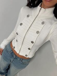 Glamine Fall Women's Off-White Cardigan Sweater With Frog Button Decor Zipper Stand Collar Long Sleeves Fuzzy Cuffs Napoleon Western Preppy Elegant Christmas - White - View 3