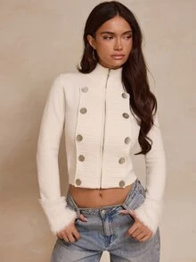 Glamine Fall Women's Off-White Cardigan Sweater With Frog Button Decor Zipper Stand Collar Long Sleeves Fuzzy Cuffs Napoleon Western Preppy Elegant Christmas - White - View 7