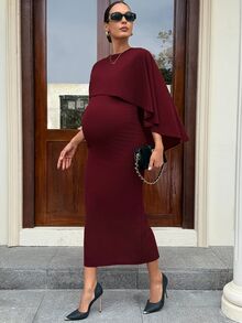 MaterniWear Đầm bầu ôm dáng tay choàng màu trơn thanh lịch cho mùa thu - Màu Đỏ Sâu - Xem 3