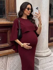 MaterniWear Đầm bầu ôm dáng tay choàng màu trơn thanh lịch cho mùa thu - Màu Đỏ Sâu - Xem 9