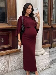 MaterniWear Đầm bầu ôm dáng tay choàng màu trơn thanh lịch cho mùa thu - Màu Đỏ Sâu - Xem 1