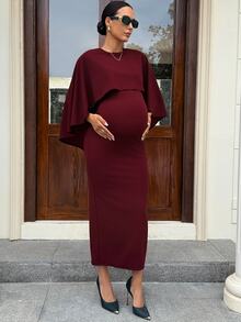 MaterniWear Đầm bầu ôm dáng tay choàng màu trơn thanh lịch cho mùa thu - Màu Đỏ Sâu - Xem 4