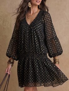 SHEIN Clasi 女款優雅黑金波點燙金荷葉邊派對洋裝，適用於雞尾酒會、浪漫約會、派對、婚禮伴娘禮服、晚裝 - 黑色 - 查看 3