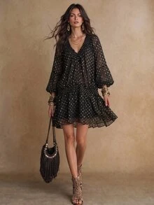 SHEIN Clasi 女款優雅黑金波點燙金荷葉邊派對洋裝，適用於雞尾酒會、浪漫約會、派對、婚禮伴娘禮服、晚裝 - 黑色 - 查看 1