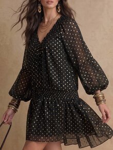 SHEIN Clasi 女款優雅黑金波點燙金荷葉邊派對洋裝，適用於雞尾酒會、浪漫約會、派對、婚禮伴娘禮服、晚裝 - 黑色 - 查看 5