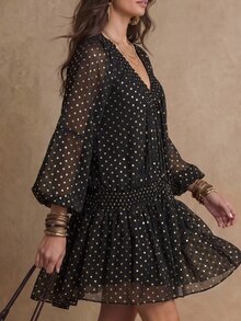 SHEIN Clasi 女款優雅黑金波點燙金荷葉邊派對洋裝，適用於雞尾酒會、浪漫約會、派對、婚禮伴娘禮服、晚裝 - 黑色 - 查看 4