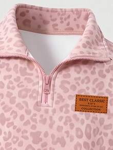 Girls Pink Leopard Print Half-Zip Sweatshirt + Wide Leg Sweatpants 2pcs Set, Fashion Y2K Animal Print Sportswear For Autumn/Winter - Multicolor - View 6