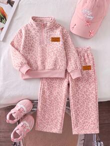 Girls Pink Leopard Print Half-Zip Sweatshirt + Wide Leg Sweatpants 2pcs Set, Fashion Y2K Animal Print Sportswear For Autumn/Winter - Multicolor - View 5