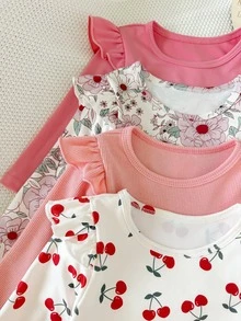 SHEIN 4pcs Baby Girls Ruffle Tops Cute Sweet Pink White Coral Ruffle Cherry Floral Long Flutter Sleeve Ribbed Round Neck Birthday Party Summer Princess - Multicolor - View 5