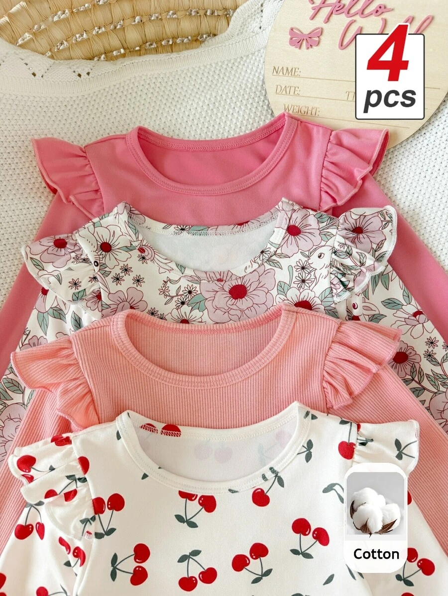 SHEIN 4pcs Baby Girls Ruffle Tops Cute Sweet Pink White Coral Ruffle Cherry Floral Long Flutter Sleeve Ribbed Round Neck Birthday Party Summer Princess - Multicolor - View 1