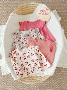 SHEIN 4pcs Baby Girls Ruffle Tops Cute Sweet Pink White Coral Ruffle Cherry Floral Long Flutter Sleeve Ribbed Round Neck Birthday Party Summer Princess - Multicolor - View 7