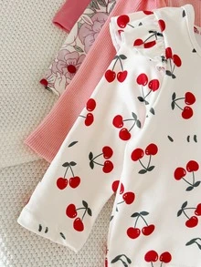 SHEIN 4pcs Baby Girls Ruffle Tops Cute Sweet Pink White Coral Ruffle Cherry Floral Long Flutter Sleeve Ribbed Round Neck Birthday Party Summer Princess - Multicolor - View 4