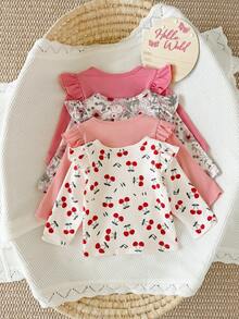 SHEIN 4pcs Baby Girls Ruffle Tops Cute Sweet Pink White Coral Ruffle Cherry Floral Long Flutter Sleeve Ribbed Round Neck Birthday Party Summer Princess - Multicolor - View 2