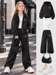 SHEIN Elladie kids Teen Girls 3pcs Acid Wash Casual Outfit Set, Cute Bow Print Zip-Up Hooded Sweatshirt, White Tank Top & Wide Leg Sweatpants Fall Back-To-School Suits - Grey - View 4