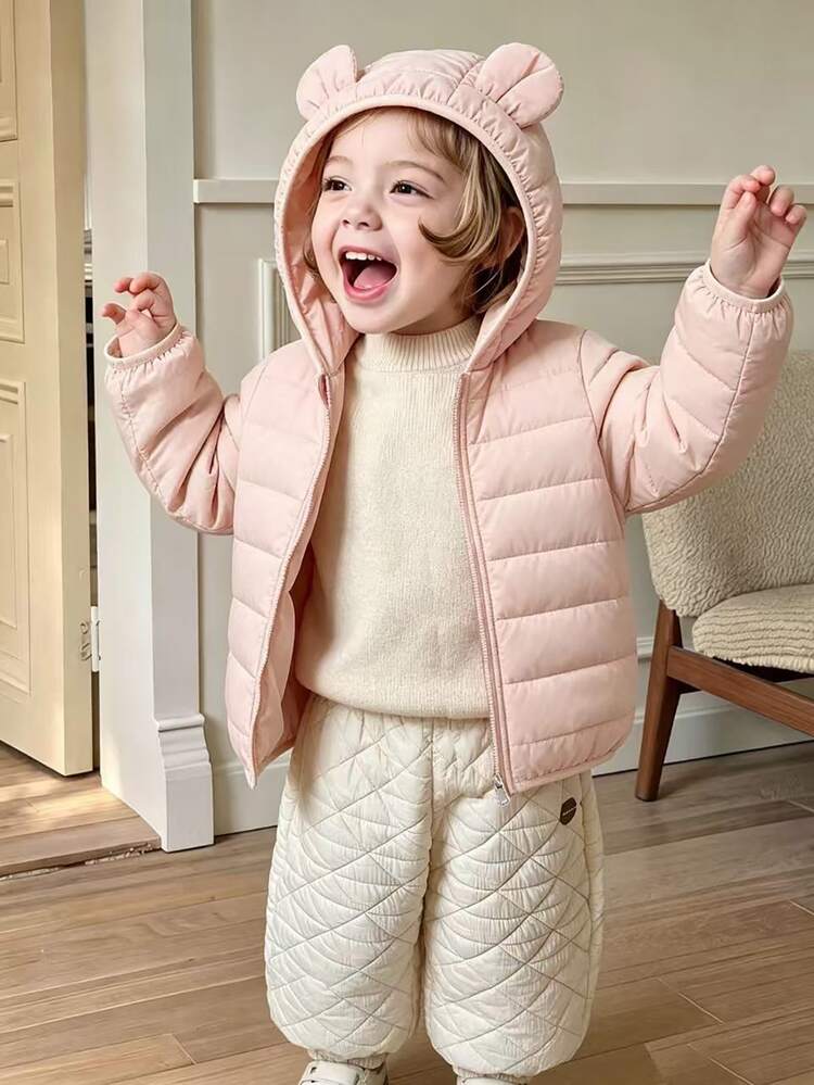 SHEIN Elladie kids جاكيت شتوي أبيض بغطاء رأس للبنات الصغيرات مع ديكور أذنين لطيفة ثلاثية الأبعاد، تصميم إغلاق بسحاب، ملابس خارجية دافئة للبنات من عمر 1-6 سنوات من المخمل والتسميك للخريف - وردي فاتح - مشاهدة 5
