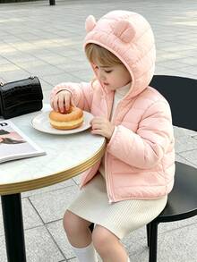 SHEIN 女嬰白色連帽冬季外套，3D可愛耳朵裝飾，拉鍊開合設計，1-6歲女童保暖外套，天鵝絨加厚秋季款 - 淺粉色 - 查看 6