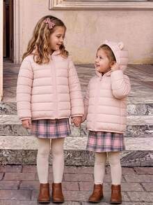 SHEIN 女嬰白色連帽冬季外套，3D可愛耳朵裝飾，拉鍊開合設計，1-6歲女童保暖外套，天鵝絨加厚秋季款 - 淺粉色 - 查看 4
