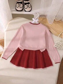 SHEIN Tween Girl Winter Knit 2 Pieces Set, Cute 3D Bow Sweater With Pleated Skirt, Elegant And Adorable Pullover - Pink - View 2