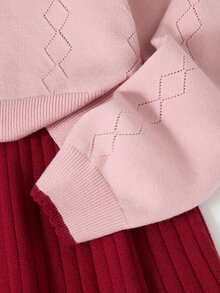SHEIN Tween Girl Winter Knit 2 Pieces Set, Cute 3D Bow Sweater With Pleated Skirt, Elegant And Adorable Pullover - Pink - View 7