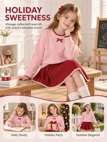 SHEIN Tween Girl Winter Knit 2 Pieces Set, Cute 3D Bow Sweater With Pleated Skirt, Elegant And Adorable Pullover - Pink - View 10
