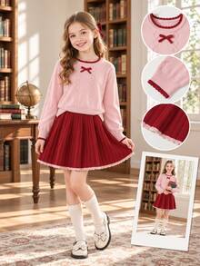 SHEIN Tween Girl Winter Knit 2 Pieces Set, Cute 3D Bow Sweater With Pleated Skirt, Elegant And Adorable Pullover - Pink - View 8