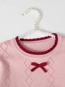 SHEIN Tween Girl Winter Knit 2 Pieces Set, Cute 3D Bow Sweater With Pleated Skirt, Elegant And Adorable Pullover - Pink - View 6