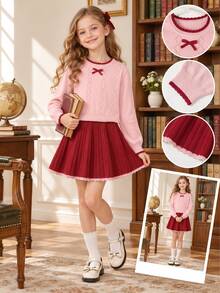 SHEIN Tween Girl Winter Knit 2 Pieces Set, Cute 3D Bow Sweater With Pleated Skirt, Elegant And Adorable Pullover - Pink - View 1