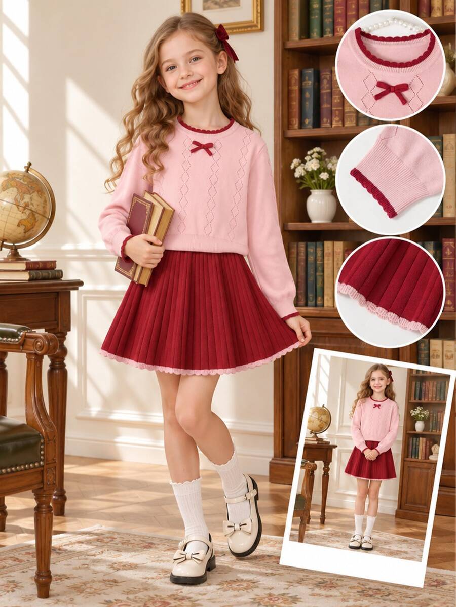 SHEIN Tween Girl Winter Knit 2 Pieces Set, Cute 3D Bow Sweater With Pleated Skirt, Elegant And Adorable Pullover - Pink - View 1