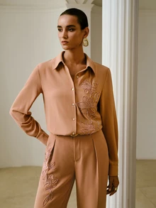 ZEYLAH Women's Long Sleeve Single-Breasted Elegant Commute Embroidered Blouse - Khaki - View 4