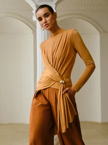 ZEYLAH Semi-High Neck Long Sleeve Pleated Knit Top - Khaki - View 4