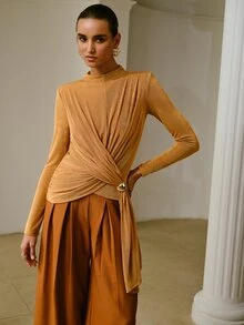 ZEYLAH Semi-High Neck Long Sleeve Pleated Knit Top - Khaki - View 6