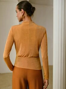 ZEYLAH Semi-High Neck Long Sleeve Pleated Knit Top - Khaki - View 7