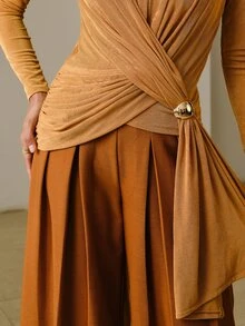 ZEYLAH Semi-High Neck Long Sleeve Pleated Knit Top - Khaki - View 3