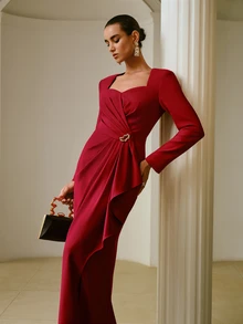 ZEYLAH Women's Solid Color Pleated Casual Party Long Sleeve Dress - Red - View 3