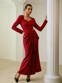 ZEYLAH Women's Solid Color Pleated Casual Party Long Sleeve Dress - Red - View 2