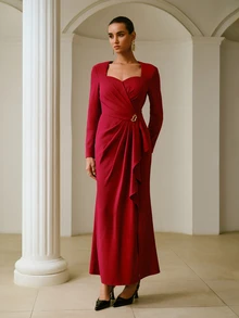 ZEYLAH Women's Solid Color Pleated Casual Party Long Sleeve Dress - Red - View 5